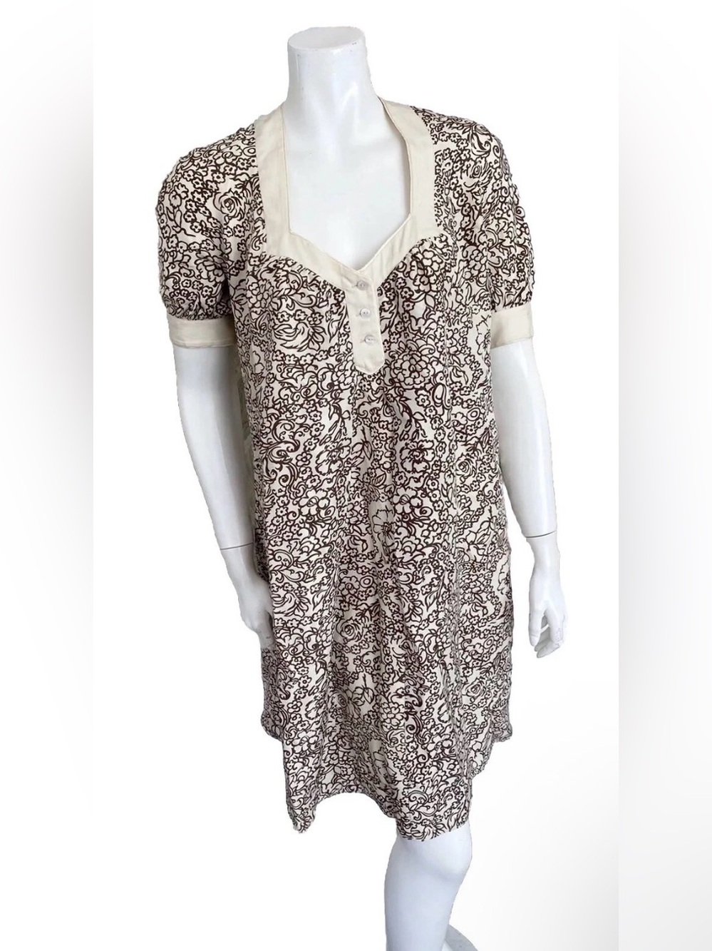 Mayle Dress Brown Cream Silk White Floral Flowy Short Sleeve Size 2